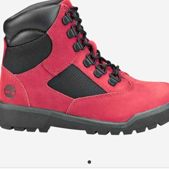 red and black timberland field boots